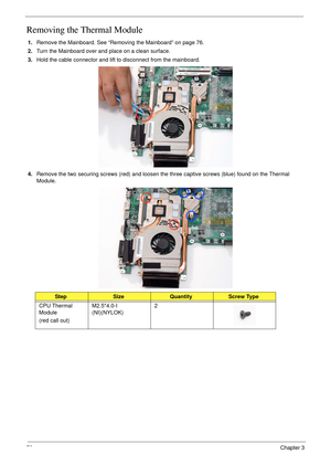 Page 8878Chapter 3
Removing the Thermal Module
1.Remove the Mainboard. See “Removing the Mainboard” on page 76.
2.Turn the Mainboard over and place on a clean surface.
3.Hold the cable connector and lift to disconnect from the mainboard.
4.Remove the two securing screws (red) and loosen the three captive screws (blue) found on the Thermal 
Module.
StepSizeQuantityScrew Type
CPU Thermal 
Module
(red call out)M2.5*4.0-I 
(NI)(NYLOK)2 