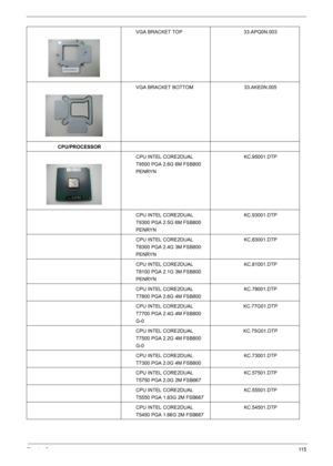 Page 117Chapter 611 5
VGA BRACKET TOP 33.APQ0N.003
VGA BRACKET BOTTOM 33.AKE0N.005
CPU/PROCESSOR
CPU INTEL CORE2DUAL 
T9500 PGA 2.6G 6M FSB800 
PENRYNKC.95001.DTP
CPU INTEL CORE2DUAL 
T9300 PGA 2.5G 6M FSB800 
PENRYNKC.93001.DTP
CPU INTEL CORE2DUAL 
T8300 PGA 2.4G 3M FSB800 
PENRYNKC.83001.DTP
CPU INTEL CORE2DUAL 
T8100 PGA 2.1G 3M FSB800 
PENRYNKC.81001.DTP
CPU INTEL CORE2DUAL 
T7800 PGA 2.6G 4M FSB800KC.78001.DTP
CPU INTEL CORE2DUAL 
T7700 PGA 2.4G 4M FSB800 
G-0KC.77G01.DTP
CPU INTEL CORE2DUAL 
T7500 PGA 2.2G...