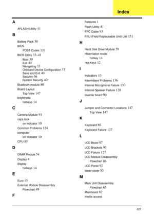 Page 237227
A
AFLASH Utility 41
B
Battery Pack 50
BIOS
POST Codes
 137
BIOS Utility 33–41
Boot 39
Exit 40
Navigating 33
Onboard Device Configuration 37
Save and Exit 40
Security 36
System Security 40
Bluetooth module 80
Board Layout
Top View
 147
brightness
hotkeys
 14
C
Camera Module 91
caps lock
on indicator
 10
Common Problems 124
computer
on indicator
 10
CPU 85
D
DIMM Module 54
Display 4
display
hotkeys
 14
E
Euro 15
External Module Disassembly
Flowchart
 49
F
Features 1
Flash Utility 41
FPC Cable 93
FRU...