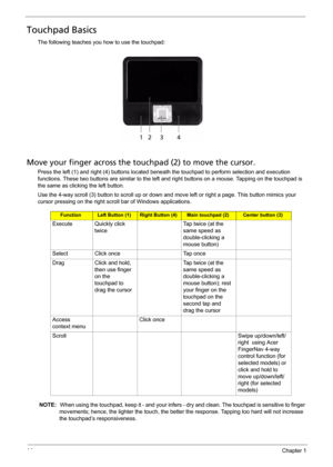 Page 2214Chapter 1
Touchpad Basics
The following teaches you how to use the touchpad:
Move your finger across the touchpad (2) to move the cursor.
Press the left (1) and right (4) buttons located beneath the touchpad to perform selection and execution 
functions. These two buttons are similar to the left and right buttons on a mouse. Tapping on the touchpad is 
the same as clicking the left button.
Use the 4-way scroll (3) button to scroll up or down and move left or right a page. This button mimics your...