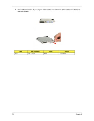 Page 8072Chapter 3
5.Remove the two screws (K) securing the locker bracket and remove the locker bracket from the optical 
disk drive module.  
StepSize (Quantity)ColorTo r q u e
1~2 M2 x L3 (2) Black 1.6 kgf-cm 