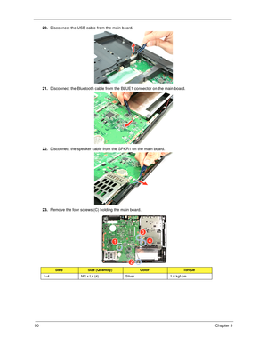 Page 9890Chapter 3
20.Disconnect the USB cable from the main board. 
21.Disconnect the Bluetooth cable from the BLUE1 connector on the main board. 
22.Disconnect the speaker cable from the SPKR1 on the main board. 
23.Remove the four screws (C) holding the main board. 
StepSize (Quantity)ColorTo r q u e
1~4 M2 x L4 (4) Silver 1.6 kgf-cm 