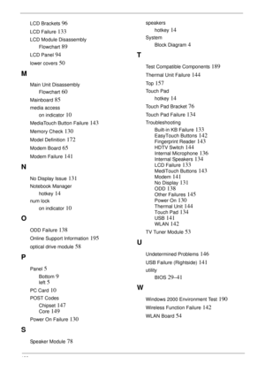 Page 208198
LCD Brackets 96
LCD Failure 133
LCD Module Disassembly
Flowchart
 89
LCD Panel 94
lower covers 50
M
Main Unit Disassembly
Flowchart
 60
Mainboard 85
media access
on indicator
 10
MediaTouch Button Failure 143
Memory Check 130
Model Definition 172
Modem Board 65
Modem Failure 141
N
No Display Issue 131
Notebook Manager
hotkey
 14
num lock
on indicator
 10
O
ODD Failure 138
Online Support Information 195
optical drive module 58
P
Panel 5
Bottom 9
left 5
PC Card 10
POST Codes
Chipset
 147
Core 149
Power...