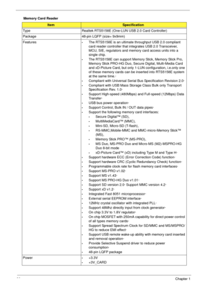 Page 3626Chapter 1
Memory Card Reader
ItemSpecification
Type Realtek RTS5158E (One-LUN USB 2.0 Card Controller)
Package 48-pin LQFP (size= 9x9mm)
Features
•The RTS5158E is an ultimate throughput USB 2.0 compliant 
card reader controller that integrates USB 2.0 Transceiver, 
MCU, SIE, regulators and memory card access units into a 
single chip.
•The RTS5158E can support Memory Stick, Memory Stick Pro, 
Memory Stick PRO-HG Duo, Secure Digital, Multi-Media Card 
and xD-Picture Card, but only 1-LUN configuration,...