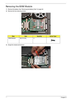 Page 6252Chapter 3
Removing the MXM Module
1.Remove the battery. See “Removing the Battery Pack” on page 48.
2.Remove the four securing screws.
3.Grasp the module and remove.
StepSizeQuantityScrew Type
MXM Module M2.5*9 (NL) 4 