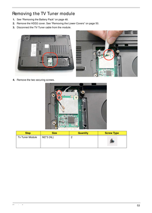 Page 63Chapter 353
Removing the TV Tuner module
1.See “Removing the Battery Pack” on page 48.
2.Remove the HDD2 cover. See “Removing the Lower Covers” on page 50.
3.Disconnect the TV Tuner cable from the module. 
4.Remove the two securing screws.
StepSizeQuantityScrew Type
Tv Tuner Module M2*3 (NL) 2 