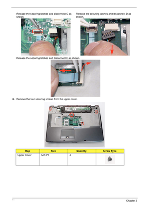 Page 8272Chapter 3
6.Remove the four securing screws from the upper cover. Release the securing latches and disconnect C as 
shown.Release the securing latches and disconnect D as 
shown.
Release the securing latches and disconnect E as shown.
StepSizeQuantityScrew Type
Upper Cover M2.5*3 4 