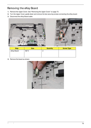 Page 89Chapter 379
Removing the eKey Board
1.Remove the Upper Cover. See “Removing the Upper Cover” on page 70.
2.Turn the Upper Cover upside down and remove the two securing screws connecting the eKey board.
3.Disconnect the eKey Board cable.
4.Remove the board as shown.
StepSizeQuantityScrew Type
eKey Board M2*3 2 