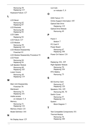 Page 198188
Removing 58
Replacing 115
Keyboard Failure 127
L
LCD Bezel
Removing
 82
Replacing 97
LCD Brackets
Removing
 86
Replacing 94
LCD Cable
Replacing
 94
LCD Failure 127
LCD Module
Removing
 59
Replacing 110
LCD Module Disassembly
Flowchart
 81
LCD Module Reassembly Procedure 91
LCD Panel
Removing
 84
Replacing 94
Left Speaker Module
Removing
 68
Replacing 105
Lower Covers
Removing
 48
Replacing 119
M
Main Unit Disassembly
Flowchart
 56
Mainboard
Removing
 74
Replacing 101
media access
on indicator
 5, 8...