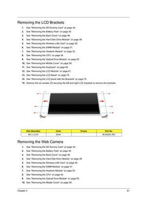 Page 89Chapter 381
Removing the LCD Brackets
1.See “Removing the SD Dummy Card” on page 44.
2.See “Removing the Battery Pack” on page 45.
3.See “Removing the Back Cover” on page 46.
4.See “Removing the Hard Disk Drive Module” on page 48.
5.See “Removing the Wireless LAN Card” on page 50.
6.See “Removing the DIMM Module” on page 51.
7.See “Removing the Heatsink Module” on page 52.
8.See “Removing the CPU” on page 54.
9.See “Removing the Optical Drive Module” on page 55.
10.See “Removing the Middle Cover” on page...