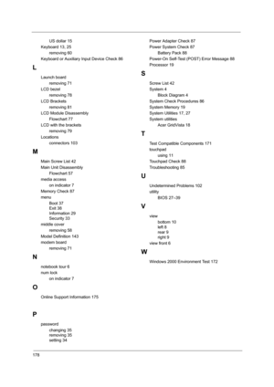Page 186178
US dollar 15
Keyboard 13, 25
removing 60
Keyboard or Auxiliary Input Device Check 86
L
Launch board
removing 71
LCD bezel
removing 78
LCD Brackets
removing 81
LCD Module Disassembly
Flowchart 77
LCD with the brackets
removing 79
Locations
connectors 103
M
Main Screw List 42
Main Unit Disassembly
Flowchart 57
media access
on indicator 7
Memory Check 87
menu
Boot 37
Exit 38
Information 29
Security 33
middle cover
removing 58
Model Definition 143
modem board
removing 71
N
notebook tour 6
num lock
on...