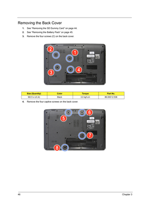 Page 5446Chapter 3
Removing the Back Cover
1.See “Removing the SD Dummy Card” on page 44.
2.See “Removing the Battery Pack” on page 45.
3.Remove the four screws (C) on the back cover.
4.Remove the four captive screws on the back cover.
Size (Quantity)ColorTo r q u ePart No. 
M2.5 x L6 (4) Black 3.0 kgf-cm 86.00E12.536 