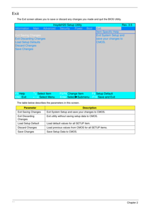 Page 4838Chapter 2
Exit
The Exit screen allows you to save or discard any changes you made and quit the BIOS Utility.
The table below describes the parameters in this screen.
ParameterDescription
Exit Saving Changes Exit System Setup and save your changes to CMOS.
Exit Discarding 
ChangesExit utility without saving setup data to CMOS.
Load Setup Default Load default values for all SETUP item.
Discard Changes Load previous values from CMOS for all SETUP items.
Save Changes Save Setup Data to CMOS....