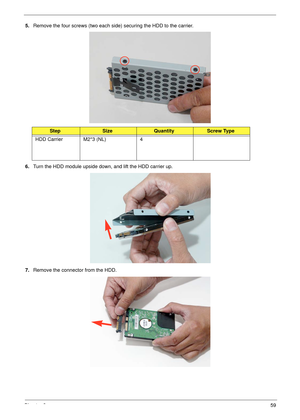 Page 69Chapter 359
5.Remove the four screws (two each side) securing the HDD to the carrier.
6.Turn the HDD module upside down, and lift the HDD carrier up.
7.Remove the connector from the HDD.
StepSizeQuantityScrew Type
HDD Carrier M2*3 (NL) 4 