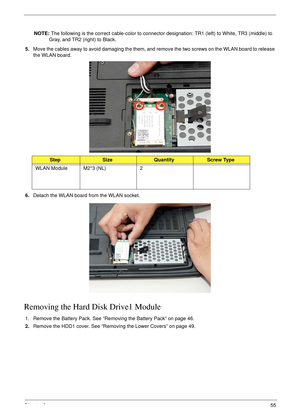 Page 65Chapter 355
NOTE: The following is the correct cable-color to connector  designation: TR1 (left) to White, TR3 (middle) to 
Gray, and TR2 (right) to Black.
5. Move the cables away to avoid damaging the them, and  remove the two screws on the WLAN board to release 
the WLAN board. 
 
6. Detach the WLAN board from the WLAN socket. 
Removing the Hard Disk Drive1 Module 
1. Remove the Battery Pack. See “Removing the Battery Pack” on page 46.
2.Remove the HDD1 cover. See “Removing the Lower Covers” on page...