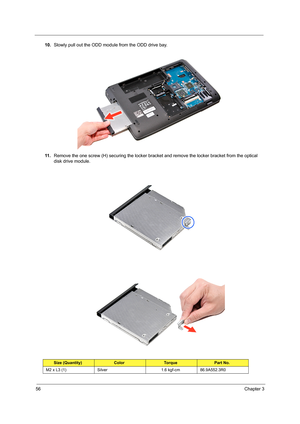 Page 6456Chapter 3
10.Slowly pull out the ODD module from the ODD drive bay.
11 .Remove the one screw (H) securing the locker bracket and remove the locker bracket from the optical 
disk drive module.  
Size (Quantity)ColorTo r q u ePart No.
M2 x L3 (1) Silver 1.6 kgf-cm 86.9A552.3R0 