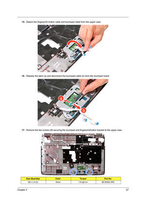 Page 75Chapter 367
15.Detach the fingerprint/ button cable and touchpad cable from the upper case.
16.Release the latch (a) and disconnect the touchpad cable (b) from the touchpad board.  
17.Remove the two screws (B) securing the touchpad and fingerprint/button bracket to the upper case.           
Size (Quantity)ColorTo r q u ePart No.
M2 x L4 (2) Silver 1.6 kgf-cm 86.9A552.4R0 