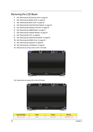 Page 8678Chapter 3
Removing the LCD Bezel
1.See “Removing the SD Dummy Card” on page 44.
2.See “Removing the Battery Pack” on page 45.
3.See “Removing the Back Cover” on page 46.
4.See “Removing the Hard Disk Drive Module” on page 48.
5.See “Removing the Wireless LAN Card” on page 50.
6.See “Removing the DIMM Module” on page 51.
7.See “Removing the Heatsink Module” on page 52.
8.See “Removing the CPU” on page 54.
9.See “Removing the Optical Drive Module” on page 55.
10.See “Removing the Middle Cover” on page...