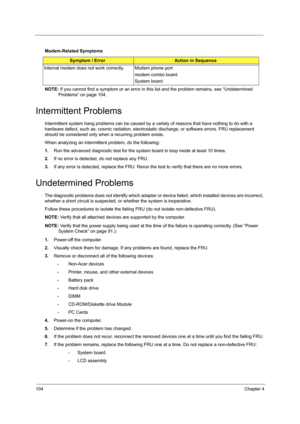 Page 110104Chapter 4
NOTE: If you cannot find a symptom or an error in this list and the problem remains, see “Undetermined 
Problems” on page 104.
Intermittent Problems
Intermittent system hang problems can be caused by a variety of reasons that have nothing to do with a 
hardware defect, such as: cosmic radiation, electrostatic discharge, or software errors. FRU replacement 
should be considered only when a recurring problem exists.
When analyzing an intermittent problem, do the following:
1.Run the advanced...