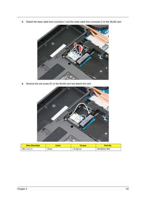 Page 51Chapter 345
3.Detach the black cable from connector 1 and the white cable from connector 2 on the WLAN card.
4.Remove the one screw (F) on the WLAN card and detach the card. 
Size (Quantity)ColorTo r q u ePart No.
M2 x L4 (1) Silver 1.6 kgf-cm 86.9A552.4R0 