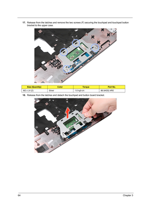 Page 7064Chapter 3
17.Release from the latches and remove the two screws (F) securing the touchpad and touchpad button 
bracket to the upper case. 
18.Release from the latches and detach the touchpad and button board bracket.
Size (Quantity)ColorTo r q u ePart No.
M2 x L4 (2) Silver 1.6 kgf-cm 86.9A552.4R0 