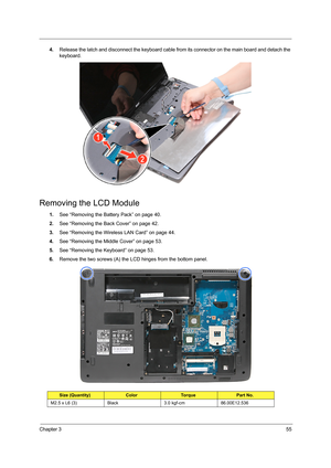 Page 61Chapter 355
4.Release the latch and disconnect the keyboard cable from its connector on the main board and detach the 
keyboard.   
Removing the LCD Module
1.See “Removing the Battery Pack” on page 40.
2.See “Removing the Back Cover” on page 42.
3.See “Removing the Wireless LAN Card” on page 44.
4.See “Removing the Middle Cover” on page 53.
5.See “Removing the Keyboard” on page 53.
6.Remove the two screws (A) the LCD hinges from the bottom panel. 
Size (Quantity)ColorTo r q u ePart No.
M2.5 x L6 (3)...