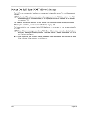 Page 134124Chapter 4
Power-On Self-Test (POST) Error Message 
The POST error message index lists the error message and their possible causes. The most likely cause is 
listed first.
NOTE: Perform the FRU replacement or actions in the sequence shown in FRU/Action column, if the FRU 
replacement does not solve the problem, put the original part back in the computer. Do not replace a 
non-defective FRU.
This index can also help you determine the next possible FRU to be replaced when servicing a computer.
If the...