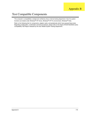 Page 189Appendix B179
This computer’s compatibility is tested and verified by Acer’s internal testing department. All of its system 
functions are tested under Windows® XP Home, Windows® XP Pro environment, Windows® Vista. 
Refer to the following lists for components, adapter cards, and peripherals which have passed these tests. 
Regarding configuration, combination and test procedures, please refer to the Aspire 8730/8730Z/8530 series 
Compatibility Test Report released by the Acer Mobile System Testing...