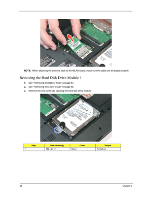 Page 7464Chapter 3
NOTE:  When attaching the antenna back to the WLAN board, make sure the cable are arranged properly. 
Removing the Hard Disk Drive Module 1
1.See “Removing the Battery Pack” on page 54.
2.See “Removing the Lower Cover” on page 56.
3.Remove the one screw (B) securing the hard disk drive module. 
StepSize (Quantity)ColorTo r q u e
1 M2 x L4 (1) Silver 1.6 kgf-cm 