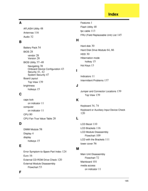 Page 195185
A
AFLASH Utility 48
Antennas 116
Audio 32
B
Battery Pack 54
BIOS 28
vendor 28
Version 28
BIOS Utility 37–48
Navigating 38
Onboard Device Configuration 43
Security 41, 42
System Security 47
Board Layout
Top View
 139
brightness
hotkeys
 15
C
caps lock
on indicator
 11
computer
on indicator
 11
CPU 80
CPU Fan True Value Table 28
D
DIMM Module 58
Display 4
display
hotkeys
 15
E
Error Symptom-to-Spare Part Index 124
Euro 16
External CD-ROM Drive Check 120
External Module Disassembly
Flowchart
 53
F...