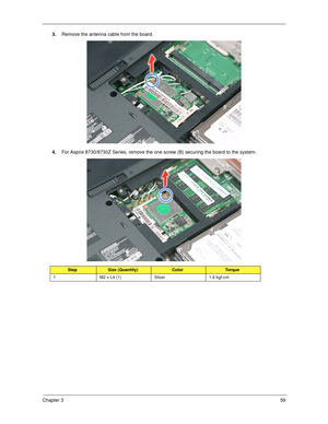 Page 69Chapter 359
3.Remove the antenna cable from the board. 
4.For Aspire 8730/8730Z Series, remove the one screw (B) securing the board to the system. 
StepSize (Quantity)ColorTo r q u e
1 M2 x L4 (1) Silver 1.6 kgf-cm 