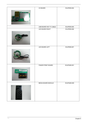 Page 106108Chapter 6
I/O BOARD 55.AP50N.004
USB BOARD W/O TV CABLE 55.AP50N.005
LED BOARD RIGHT 55.AP50N.006
LED BOARD LEFT 55.AP50N.007
FINGER PRINT BOARD 55.APQ0N.001
MEDIA BOARD MODULE 55.APQ0N.005 