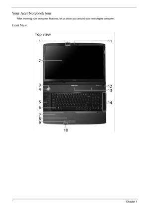 Page 126Chapter 1
Your Acer Notebook tour
After knowing your computer features, let us show you around your new Aspire computer.
Front View 