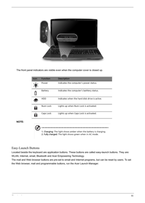 Page 17Chapter 111
The front panel indicators are visible even when the computer cover is closed up.
NOTE: 
Easy-Launch Buttons
Located beside the keyboard are application buttons. These buttons are called easy-launch buttons. They are: 
WLAN, Internet, email, Bluetooth and Acer Empowering Technology.
The mail and Web browser buttons are pre-set to email and Internet programs, but can be reset by users. To set 
the Web browser, mail and programmable buttons, run the Acer Launch Manager. 