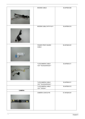 Page 11011 2Chapter 6
MODEM CABLE 50.AP50N.009
MODEM CABLE WITH RJ11 50.AP50N.010
FINGER PRINT BOARD 
CABLE50.APQ0N.001
LCD/CAMERA CABLE 
18.4 WUXGA/WXGA+50.AP50N.011
LCD/CAMERA CABLE 
18.4 WUXGA/WXGA+50.AP50N.011
LCD/CAMERA CABLE 
18.4 WXGA+50.AP50N.012
CAMERA
CAMERA 0.3M SUYIN 57.APQ0N.001 