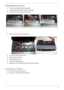 Page 71Chapter 371
Disassembling the Main Unit
1. Turn over the keyboard as the image shows.
2.Disconnect the Keyboard FFC from the main board
3.Then remove the keyboard from the main unit.
4.Disconnect the FFC from the main board.
5.Loose One screws from the TPCB.
6.Disconnect the LCM cable.
7.Pull out the Power cable.
8.Pull out the Wireless antenna.
9.Release four TPCB locker then remove the TCB from machine.
Disassembling the LED boards
10.Loose the LED boards four screws.
11 .Remove two LED boards from the...