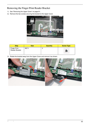 Page 103Chapter 393
Removing the Finger Print Reader Bracket
1.See “Removing the Upper Cover” on page 81.
2.Remove the two screws securing the bracket to the Upper Cover.
3.Rotate the bracket away from the Upper Cover and remove it as shown.
StepSizeQuantityScrew Type
Finger Print 
Reader BracketM2*3 2 