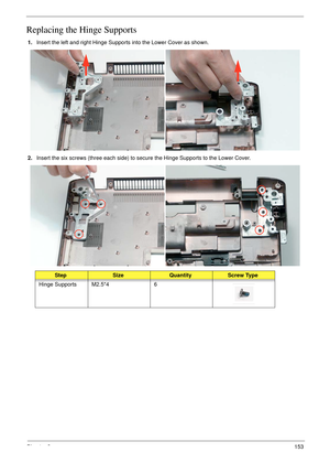 Page 163Chapter 3153
Replacing the Hinge Supports
1.Insert the left and right Hinge Supports into the Lower Cover as shown.
2.Insert the six screws (three each side) to secure the Hinge Supports to the Lower Cover.
StepSizeQuantityScrew Type
Hinge Supports M2.5*4 6 