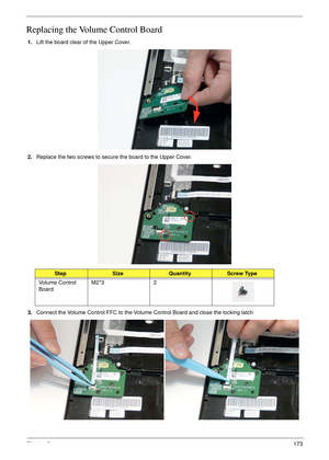 Page 183Chapter 3173
Replacing the Volume Control Board
1.Lift the board clear of the Upper Cover.
2.Replace the two screws to secure the board to the Upper Cover.
3.Connect the Volume Control FFC to the Volume Control Board and close the locking latch 
StepSizeQuantityScrew Type
Volume Control 
BoardM2*3 2 