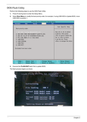 Page 5444Chapter 2
DOS Flash Utility
Perform the following steps to use the DOS Flash Utility:
1.Press F2 during boot to enter the Setup Menu.
2.Select Boot Menu to modify the boot priority order, for example, if using USB HDD to Update BIOS, move 
USB HDD to position 1.
3.Execute the FLASH.BAT batch file to update BIOS.
The flash process begins as shown.
Item Specific Help
Use < > or < > to select
a device, then press
 to move it down the
list, or  to move
it up the list. Press
 to escape the menu
F1
ESCHelp...