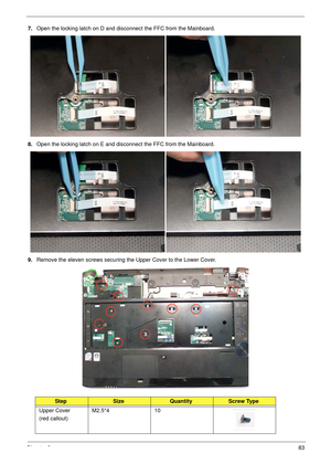 Page 93Chapter 383
7.Open the locking latch on D and disconnect the FFC from the Mainboard.
8.Open the locking latch on E and disconnect the FFC from the Mainboard.
9.Remove the eleven screws securing the Upper Cover to the Lower Cover.
StepSizeQuantityScrew Type
Upper Cover
(red callout)M2.5*4 10 