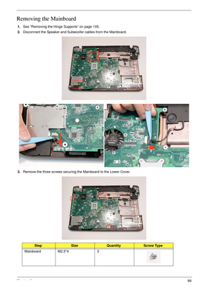 Page 109Chapter 399
Removing the Mainboard
1.See “Removing the Hinge Supports” on page 105.
2.Disconnect the Speaker and Subwoofer cables from the Mainboard.
3.Remove the three screws securing the Mainboard to the Lower Cover.
StepSizeQuantityScrew Type
Mainboard M2.5*4 3 