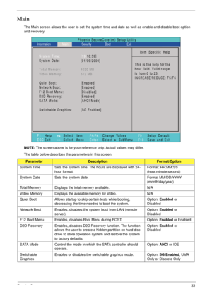 Page 43Chapter 233
Main
The Main screen allows the user to set the system time and date as well as enable and disable boot option 
and recovery.
NOTE: The screen above is for your reference only. Actual values may differ.
The table below describes the parameters in this screen. 
ParameterDescriptionFormat/Option
System Time Sets the system time. The hours are displayed with 24-
hour format.Format: HH:MM:SS 
(hour:minute:second) 
System Date Sets the system date. Format MM/DD/YYYY 
(month/day/year)
Total Memory...