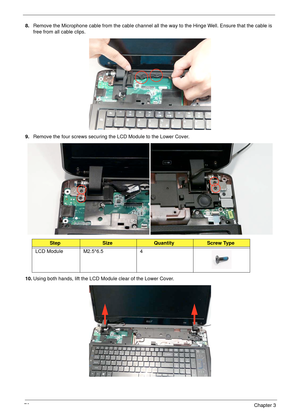 Page 8676Chapter 3
8.Remove the Microphone cable from the cable channel all the way to the Hinge Well. Ensure that the cable is 
free from all cable clips.
9.Remove the four screws securing the LCD Module to the Lower Cover.
10.Using both hands, lift the LCD Module clear of the Lower Cover.
StepSizeQuantityScrew Type
LCD Module M2.5*6.5 4 