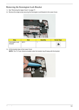 Page 111Chapter 3101
Removing the Kensington Lock Bracket
1.See “Removing the Upper Cover” on page 77.
2.Remove the single screw securing the Kensington Lock Bracket to the Lower Cover.
3.Lift the bracket clear of the Lower Cover.
NOTE: The TV Tuner Antenna located under the bracket may lift away with the bracket. 
StepSizeQuantityScrew Type
Kensington Lock 
BracketM2*3 1 