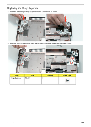 Page 159Chapter 3149
Replacing the Hinge Supports
1.Insert the left and right Hinge Supports into the Lower Cover as shown.
2.Insert the six (6) screws (three each side) to secure the Hinge Supports to the Lower Cover.
StepSizeQuantityScrew Type
Hinge Supports M2.5*4 6 