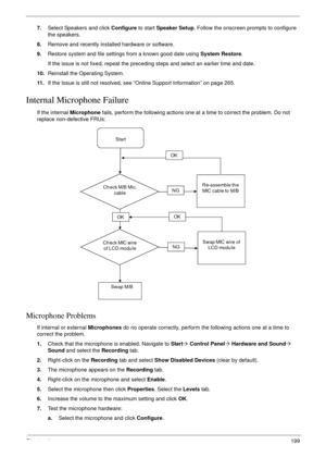 Page 209Chapter 4199
7.Select Speakers and click Configure to start Speaker Setup. Follow the onscreen prompts to configure 
the speakers.
8.Remove and recently installed hardware or software.
9.Restore system and file settings from a known good date using System Restore. 
If the issue is not fixed, repeat the preceding steps and select an earlier time and date.
10.Reinstall the Operating System.
11 .If the Issue is still not resolved, see “Online Support Information” on page 265.
Internal Microphone Failure
If...