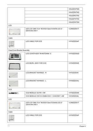 Page 232222Chapter 6
1KAJZZ30TNQ 
1KAJZZ90TNG 
1KAJZZK0TNV 
1KAJZZY0TNC 
1KAJZZX0TNH
LCD
LED LCD CMO 18.4 WUXGA Glare N184H6-L02 LF 
220nit 8ms 500:1 1LDMZZZ001T
Cable
LCD CABLE FOR CCD 1HYXZZZ034F 
Case/Cover/Bracket Assembly
LCD COVER ASSY W/ANTENNA *2 1HYXZZZ052D 
LCD BEZEL ASSY FOR CCD 1HYXZZZ052E 
LCD BRACKET W/HINGE - R 1HYXZZZ034I 
LCD BRACKET W/HINGE - L 1HYXZZZ034J
CCD
CCD MODULE SUYIN 1.0M  1HYXZZZ034K
CCD MODULE CN1014-S36B-OV01-1 CHICONY 1.0M 1HYXZZZ034L
LCD
LED LCD CMO 18.4 WUXGA Glare N184H6-L02 LF...