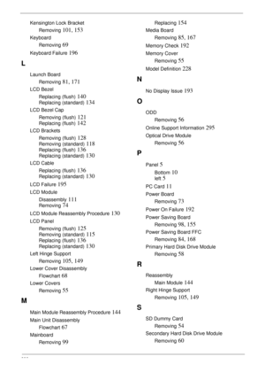 Page 308298
Kensington Lock Bracket
Removing
 101, 153
Keyboard
Removing
 69
Keyboard Failure 196
L
Launch Board
Removing
 81, 171
LCD Bezel
Replacing (flush)
 140
Replacing (standard) 134
LCD Bezel Cap
Removing (flush)
 121
Replacing (flush) 142
LCD Brackets
Removing (flush)
 128
Removing (standard) 118
Replacing (flush) 136
Replacing (standard) 130
LCD Cable
Replacing (flush)
 136
Replacing (standard) 130
LCD Failure 195
LCD Module
Disassembly
 111
Removing 74
LCD Module Reassembly Procedure 130
LCD Panel...