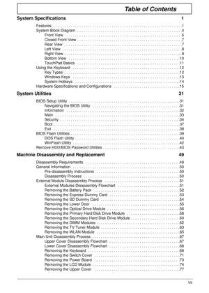 Page 7VII
Table of Contents
System Specifications  1
Features  . . . . . . . . . . . . . . . . . . . . . . . . . . . . . . . . . . . . . . . . . . . . . . . . . . . . . . . . . . . .1
System Block Diagram  . . . . . . . . . . . . . . . . . . . . . . . . . . . . . . . . . . . . . . . . . . . . . . . . .4
Front View  . . . . . . . . . . . . . . . . . . . . . . . . . . . . . . . . . . . . . . . . . . . . . . . . . . . . . . .5
Closed Front View . . . . . . . . . . . . . . . . . . . . . . . . . . . . . . . . . . ....